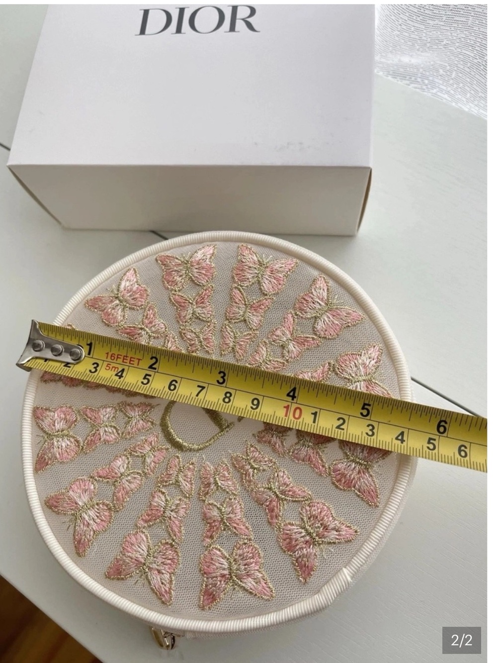 Dior Round White Pouch with Pink Butterfly Embroidery - Picture 2 of 2